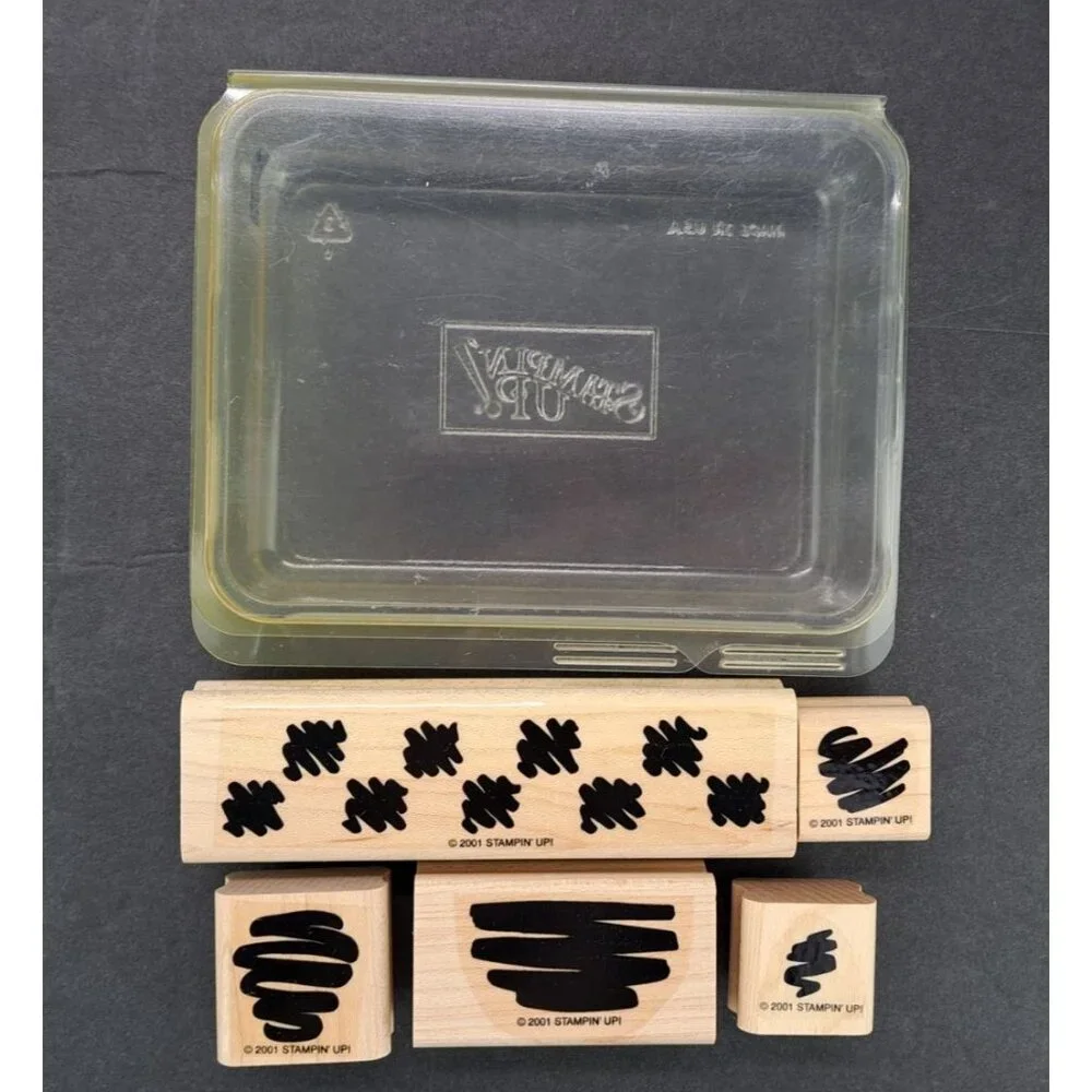 Vintage Stampin Up Set Of 5 Squiggle Pattern Rubber Stamps Storage Case Clean